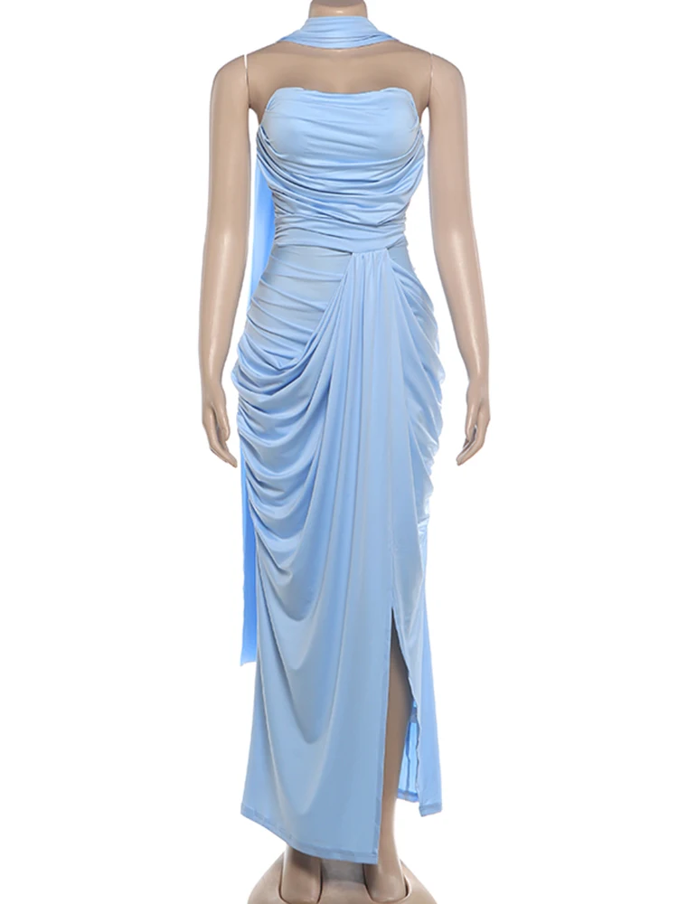 Weird Puss Folds Elegant Long Ribbon+Maxi Dress High Slit Chest Wrap Summer Fashion Skinny Vacation Banquet Summer Vestidos
