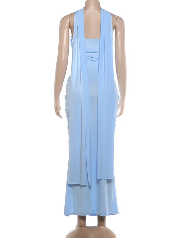 Weird Puss Folds Elegant Long Ribbon+Maxi Dress High Slit Chest Wrap Summer Fashion Skinny Vacation Banquet Summer Vestidos