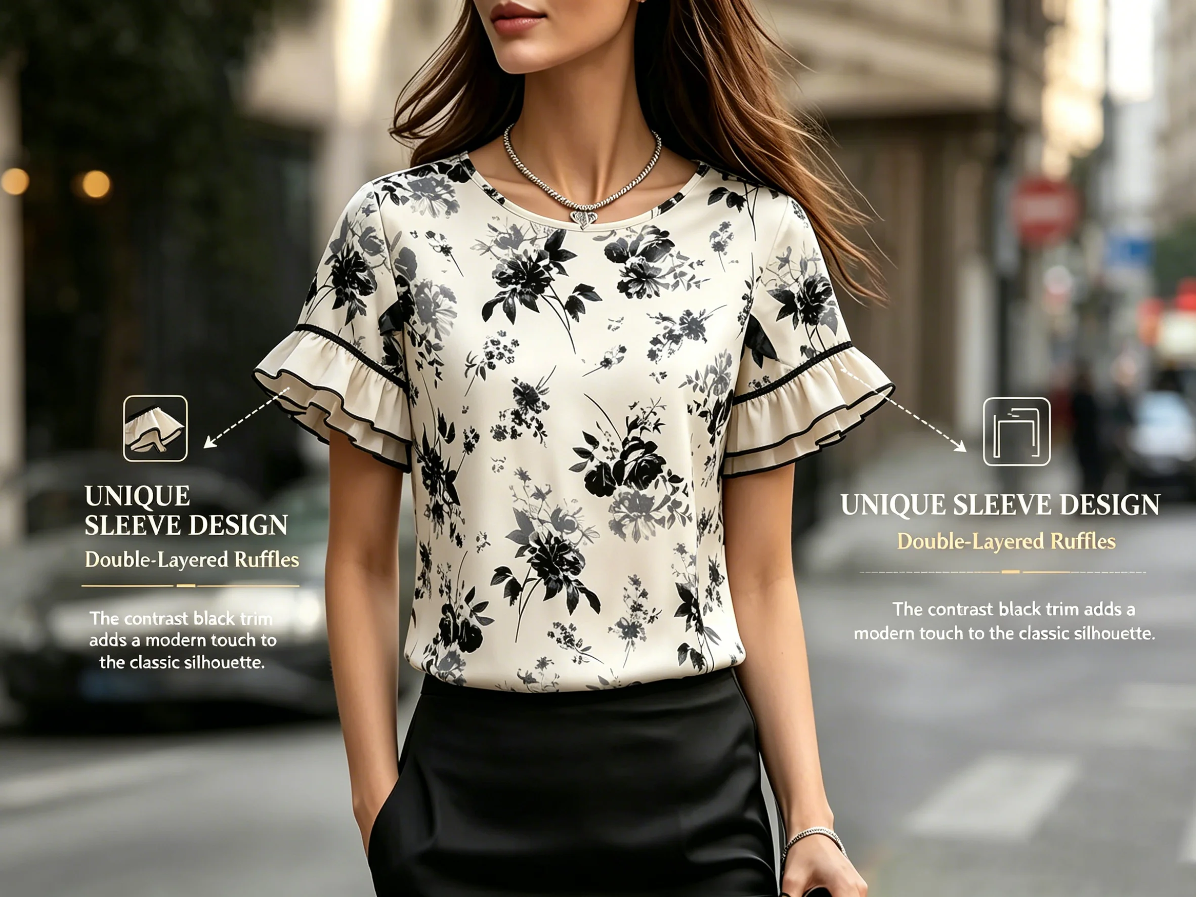 Women Floral Blouse Round Neck Ruffle Sleeve Printed Top T-Shirt Loose Fit Casual Elegant Ladies Shirt Spring Summer Daily Top
