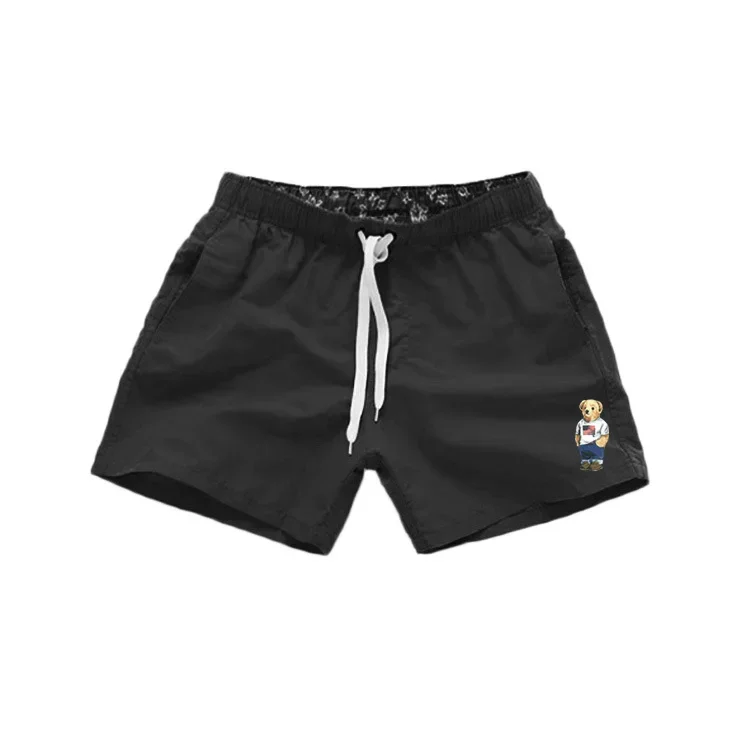 Asian Size Men's Polo Bear Swim Shorts Quick Dry Elastic Waist Drawstring Beach Board Shorts Casual Summer Swimwear Black