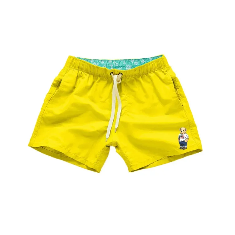 Asian Size Men's Polo Bear Swim Shorts Quick Dry Elastic Waist Drawstring Beach Board Shorts Casual Summer Swimwear Black