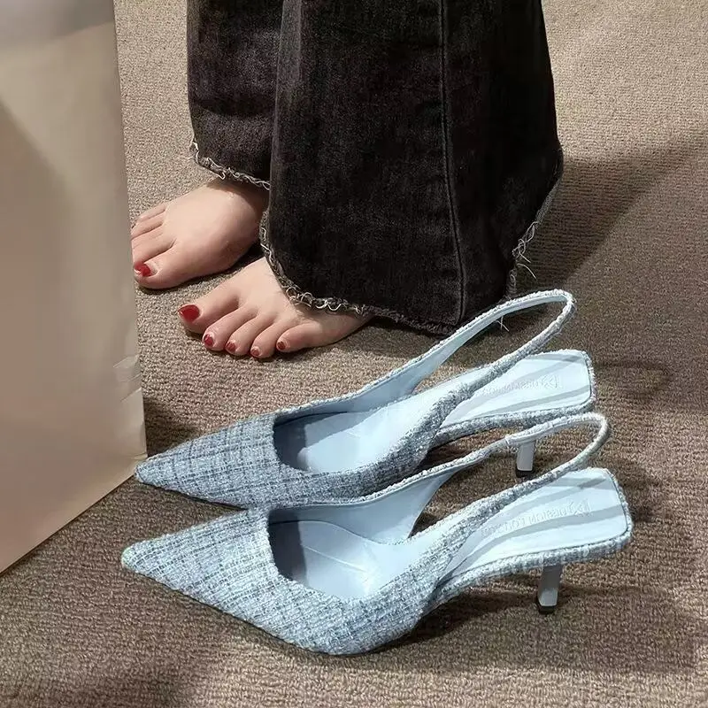 Fashion brand designed knitted platform heels for women, pointed-toe party shoes, comfortable large-size summer stiletto sandals