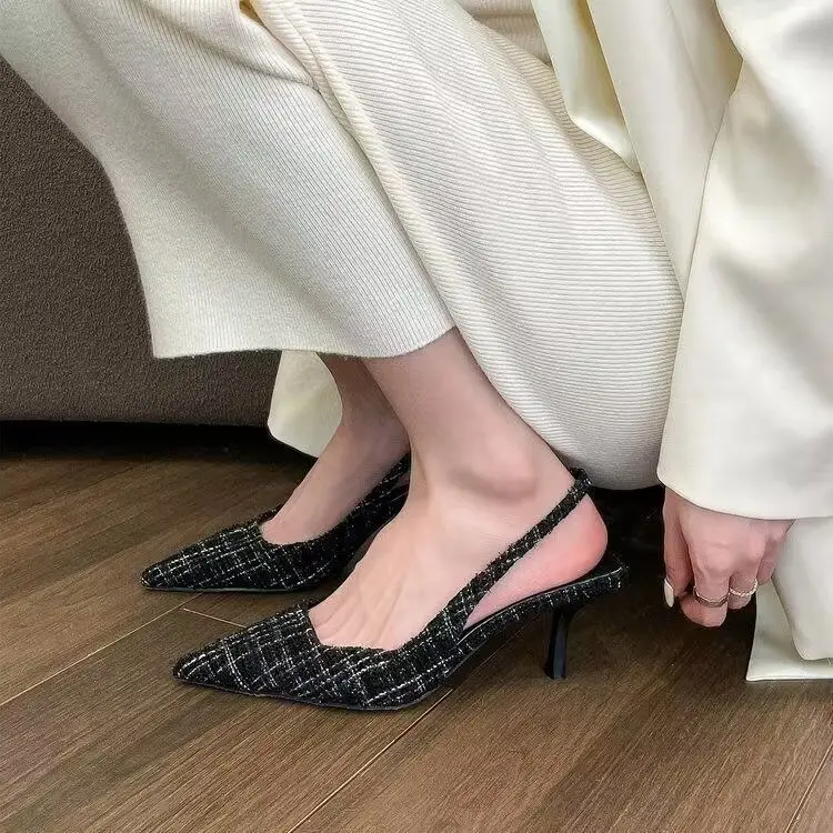 Fashion brand designed knitted platform heels for women, pointed-toe party shoes, comfortable large-size summer stiletto sandals