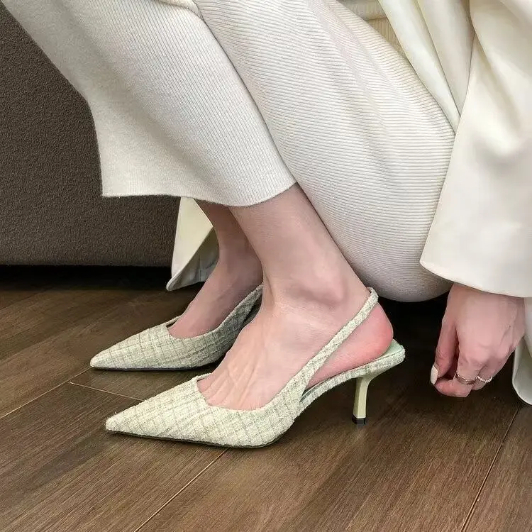 Fashion brand designed knitted platform heels for women, pointed-toe party shoes, comfortable large-size summer stiletto sandals