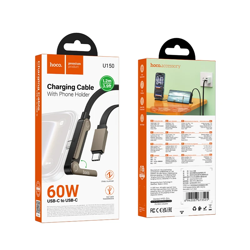 HOCO 60W 2in1 USB C to C Fast Charging Foldable Phone Holder Data Cable For iPhone 17 16 Desktop Bracket Wired Cord For Samsung