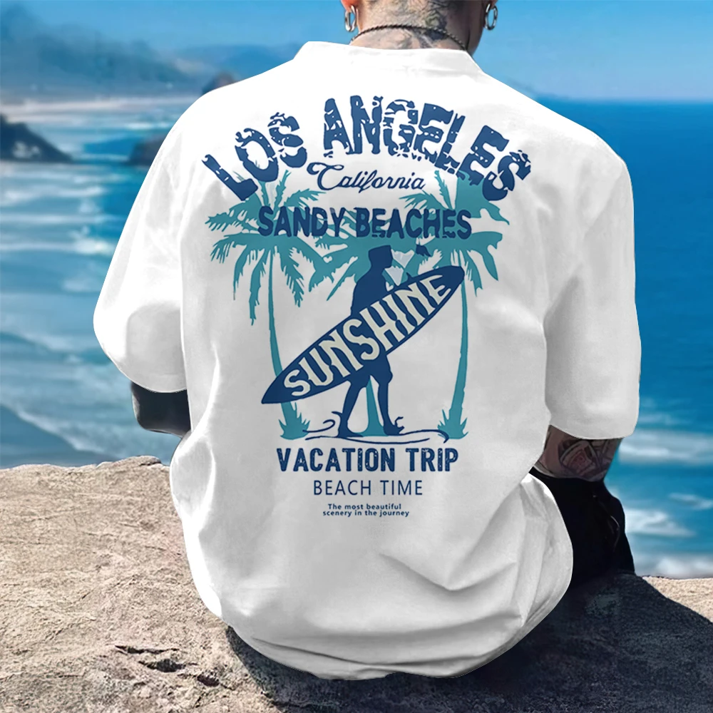 Vibrant Los Angeles Surf Tee with Sunshine and Beach Graphic Print 100% Cotton Men's T-shirt for Summer Vibes