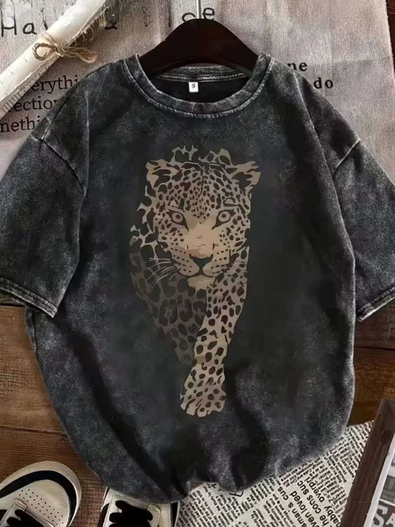 Leopard Head Graphic T-Shirt, Women's Vintage Washed Crew Neck Loose Casual Short Sleeve Street Style Summer Daily Casual Top