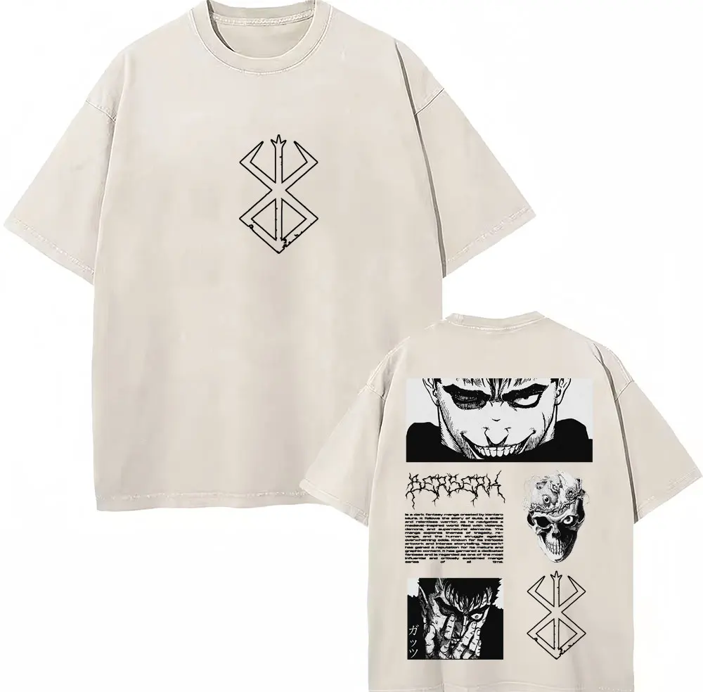 Washed Anime Berserk Guts Classic T-Shirts Manga Gatsu Griffith Zodd Trend T-shirt Men Women Oversized Cotton Casual Tee Shirt