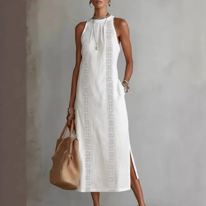 Spring 2026 Women’s Clothing: Neck-Tie Vacation Dress with Pure Color Lace Accents, Sleeveless.