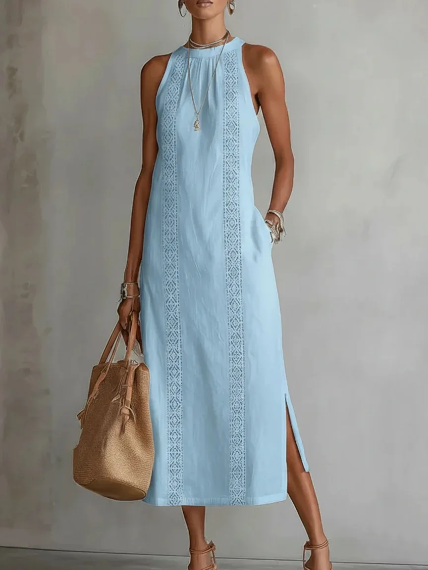 Spring 2026 Women’s Clothing: Neck-Tie Vacation Dress with Pure Color Lace Accents, Sleeveless.