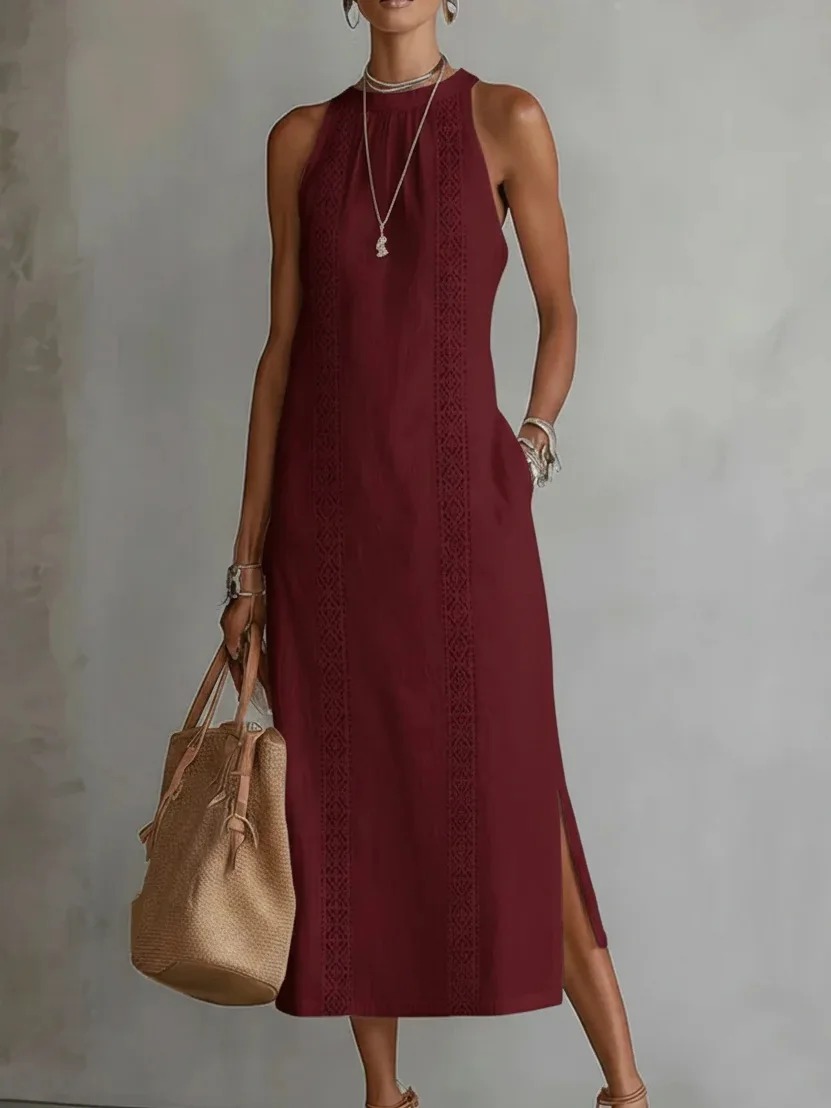 Spring 2026 Women’s Clothing: Neck-Tie Vacation Dress with Pure Color Lace Accents, Sleeveless.