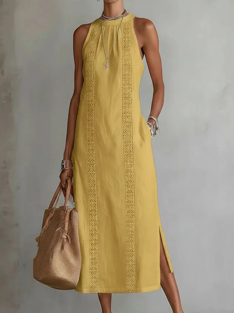Spring 2026 Women’s Clothing: Neck-Tie Vacation Dress with Pure Color Lace Accents, Sleeveless.