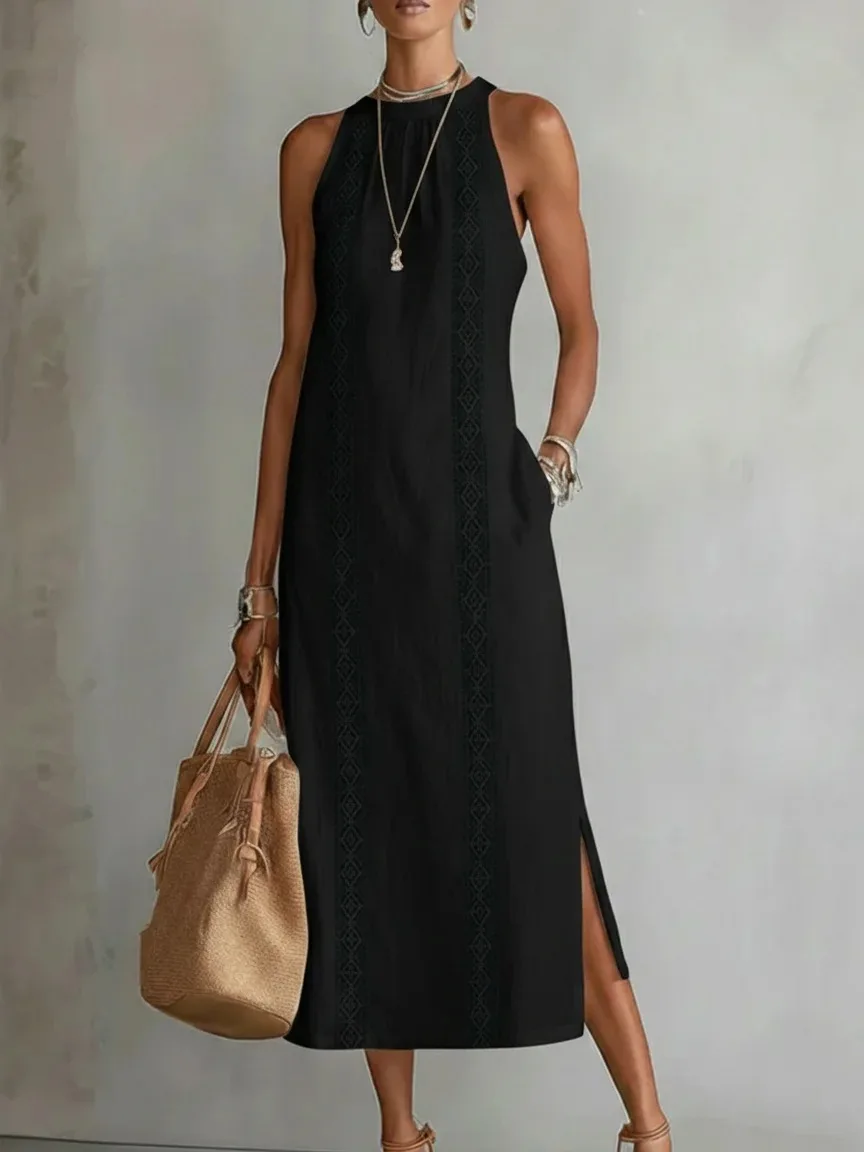 Spring 2026 Women’s Clothing: Neck-Tie Vacation Dress with Pure Color Lace Accents, Sleeveless.