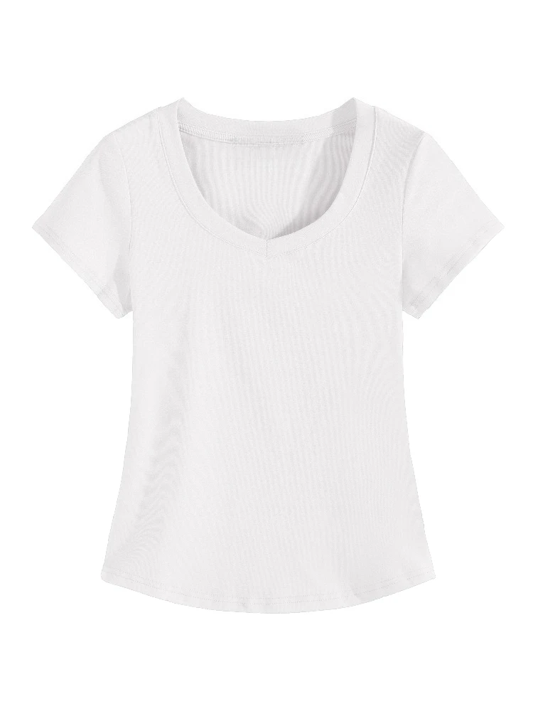 2026 Summer High Quality Slim Fit V-Neck Women T Shirt Sexy Slim Versatile Short Sleeves Tees Trend Solid Clothing Y2k Tops