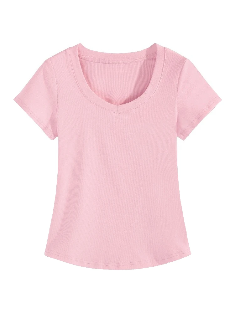 2026 Summer High Quality Slim Fit V-Neck Women T Shirt Sexy Slim Versatile Short Sleeves Tees Trend Solid Clothing Y2k Tops