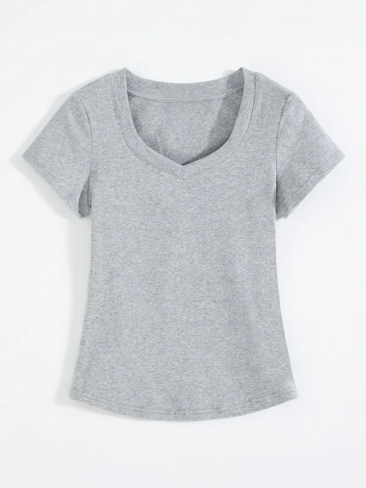 2026 Summer High Quality Slim Fit V-Neck Women T Shirt Sexy Slim Versatile Short Sleeves Tees Trend Solid Clothing Y2k Tops