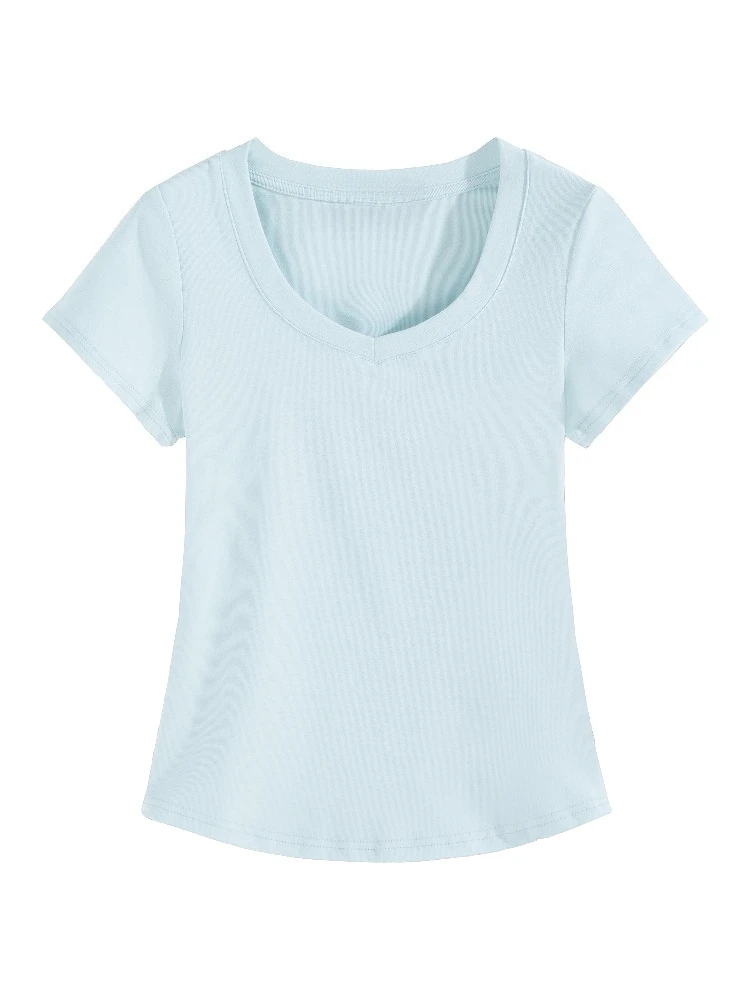 2026 Summer High Quality Slim Fit V-Neck Women T Shirt Sexy Slim Versatile Short Sleeves Tees Trend Solid Clothing Y2k Tops