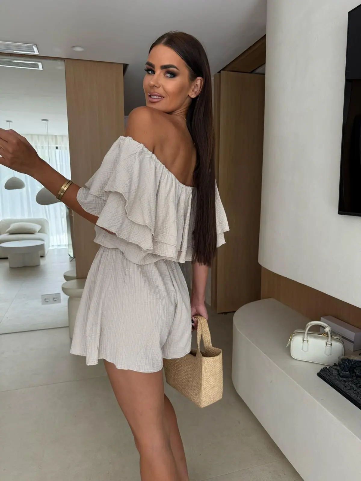 Off Shoulder Ruffle Layered Romper Elastic Waist Short Jumpsuit For Women