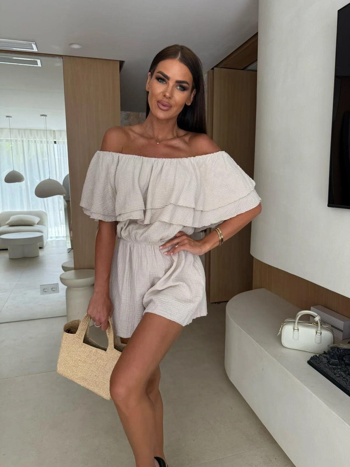 Off Shoulder Ruffle Layered Romper Elastic Waist Short Jumpsuit For Women