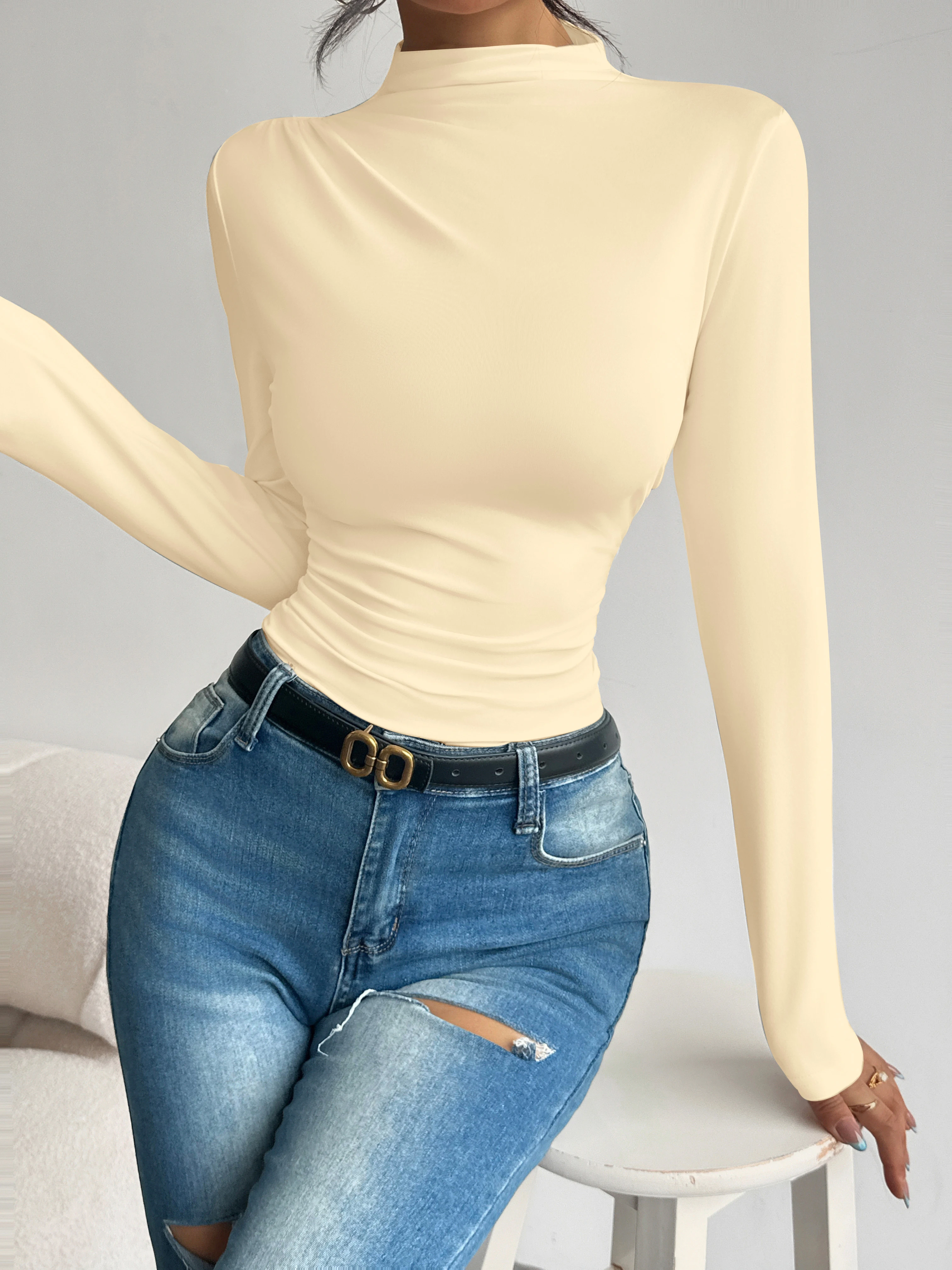 Half high collar pleated waist slimming long sleeved base shirt for women's spring and autumn slimming versatile top