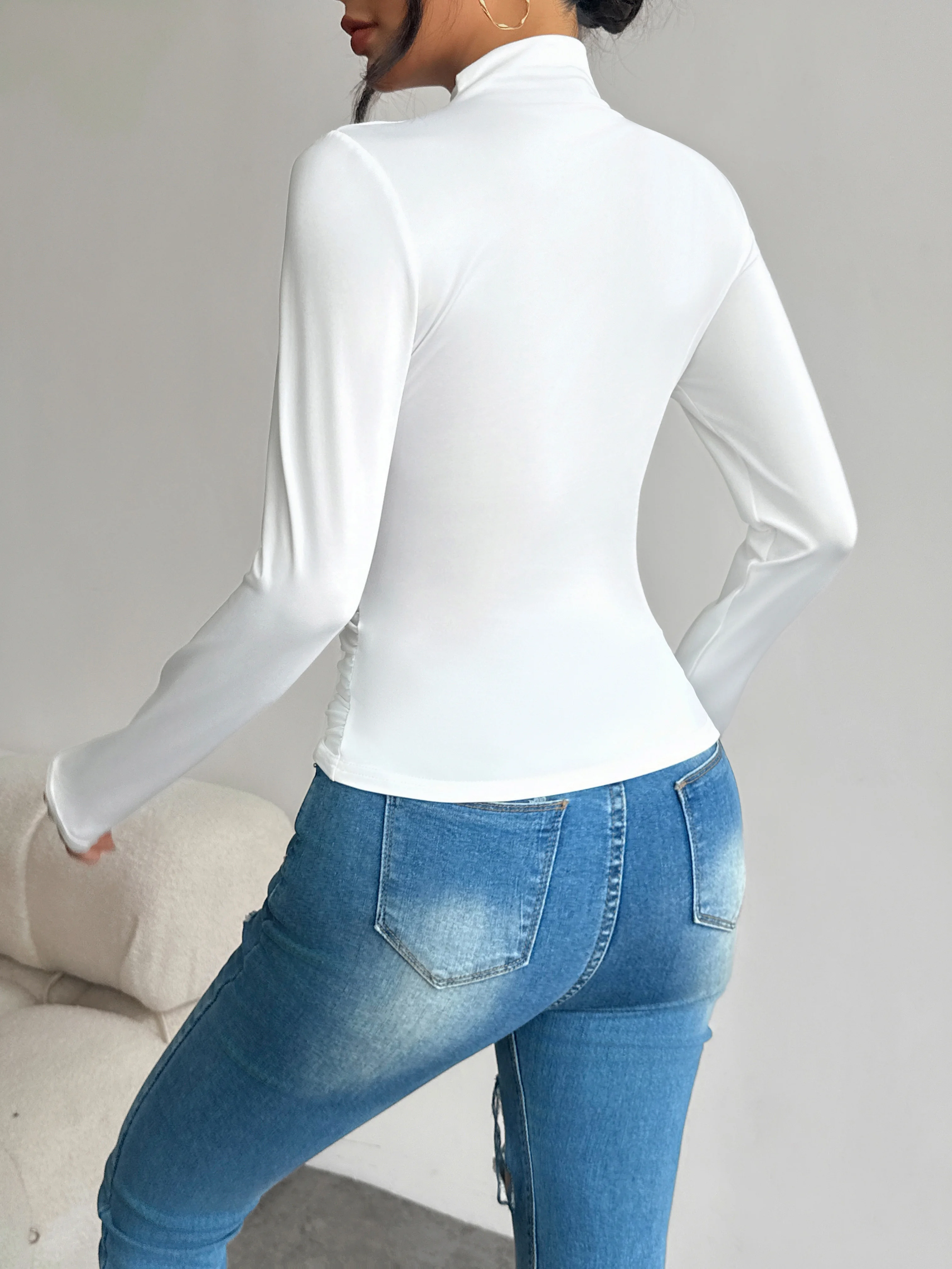 Half high collar pleated waist slimming long sleeved base shirt for women's spring and autumn slimming versatile top