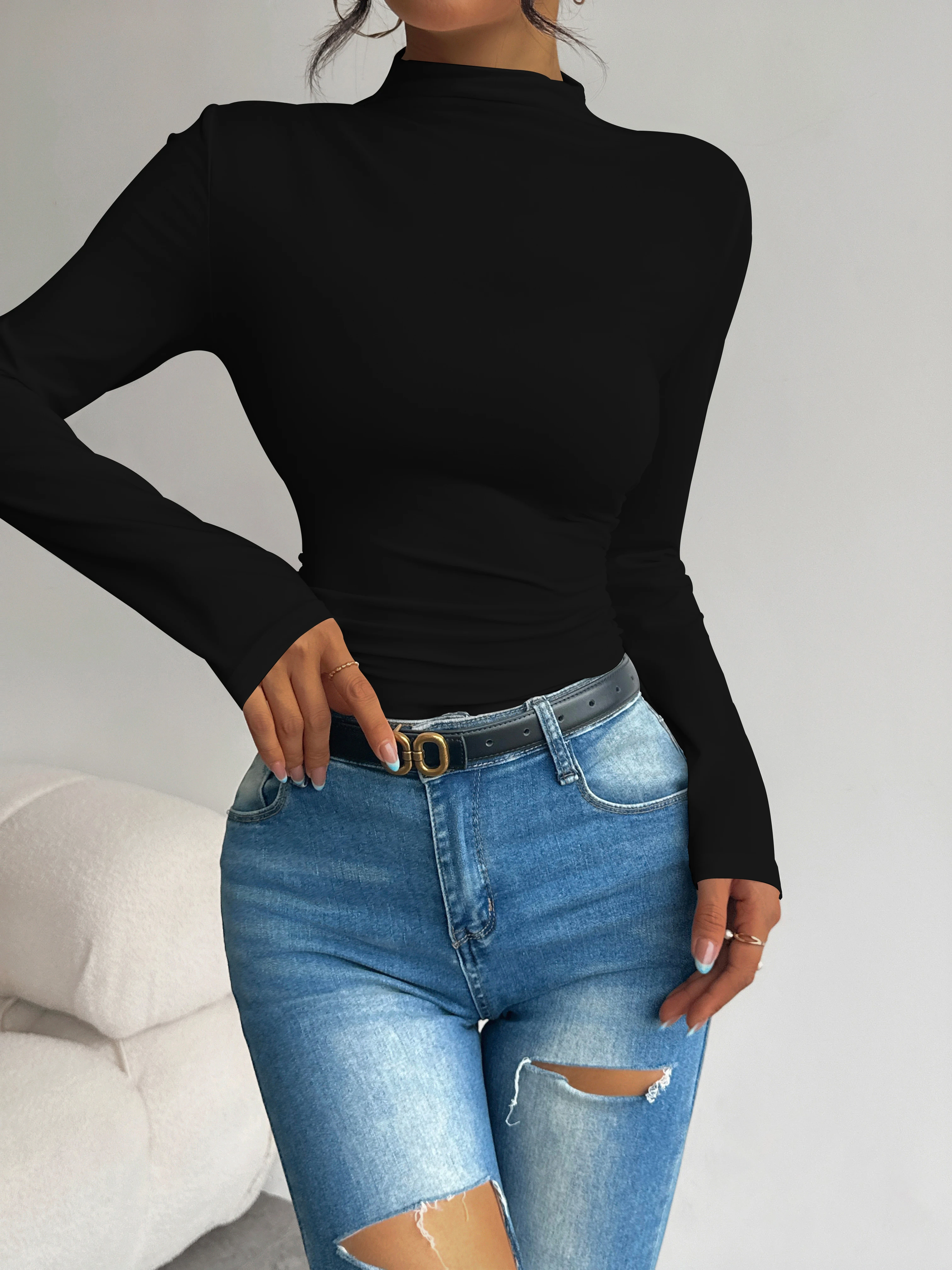 Half high collar pleated waist slimming long sleeved base shirt for women's spring and autumn slimming versatile top