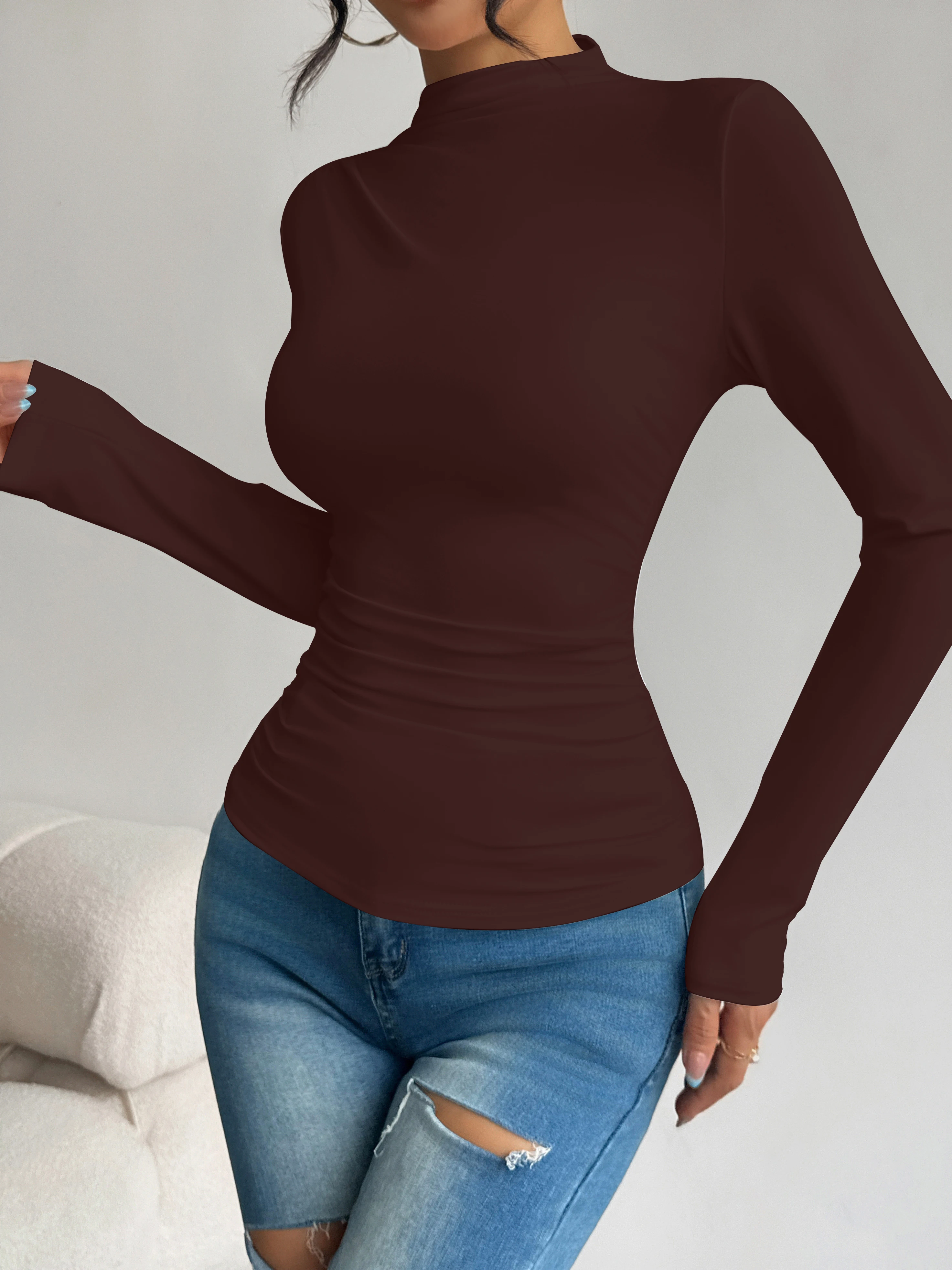 Half high collar pleated waist slimming long sleeved base shirt for women's spring and autumn slimming versatile top