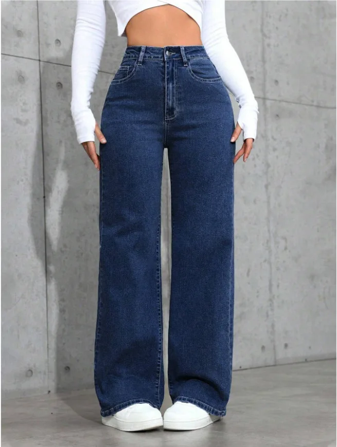 Ladies Washed Wide Leg Jeans High Waist Loose Casual Straight Leg Daily Bottoms