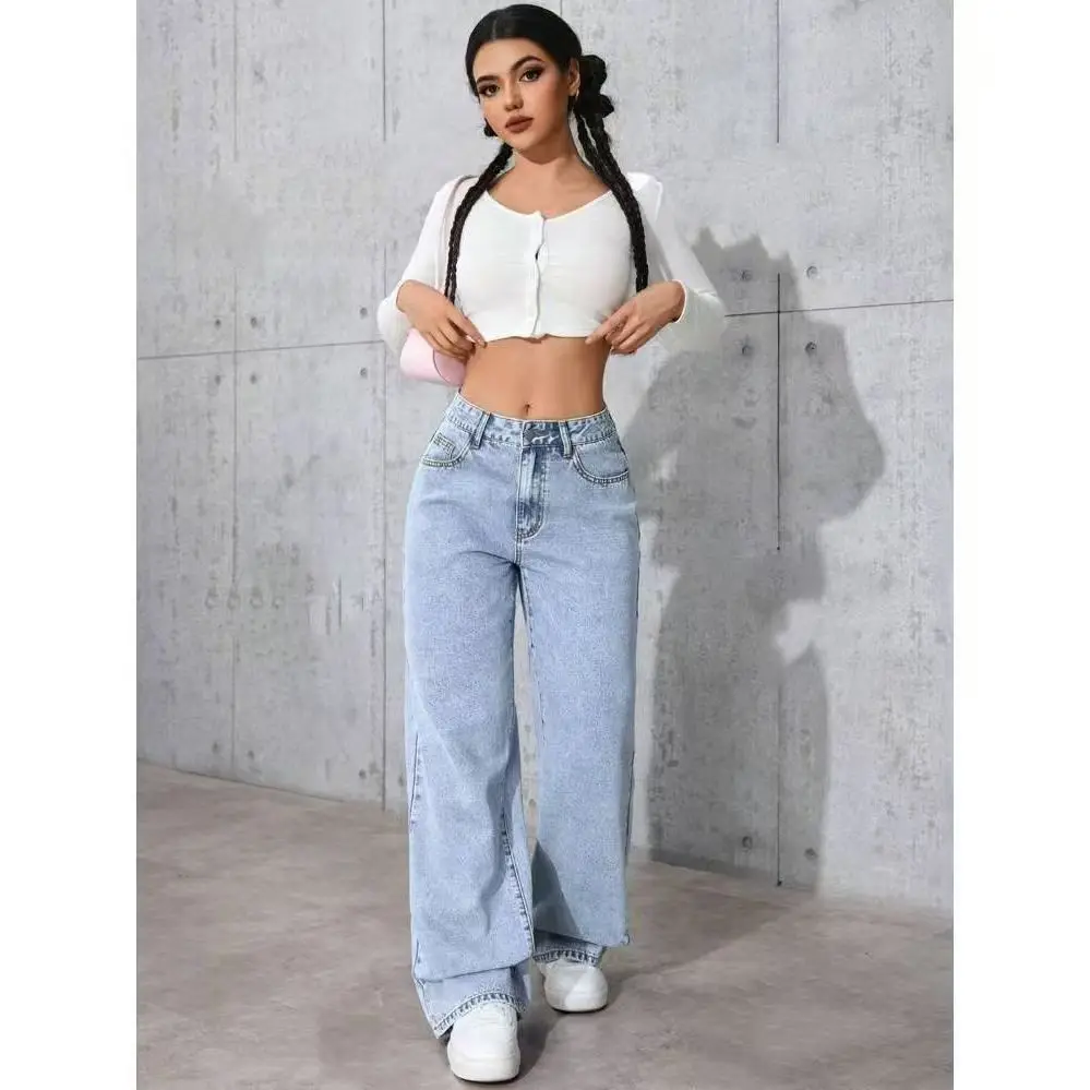Ladies Washed Wide Leg Jeans High Waist Loose Casual Straight Leg Daily Bottoms