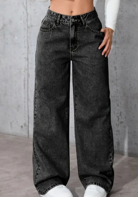 Ladies Washed Wide Leg Jeans High Waist Loose Casual Straight Leg Daily Bottoms