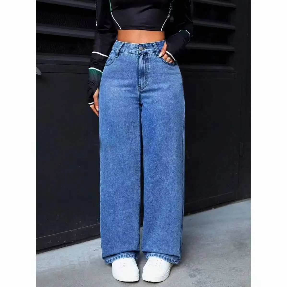 Ladies Washed Wide Leg Jeans High Waist Loose Casual Straight Leg Daily Bottoms