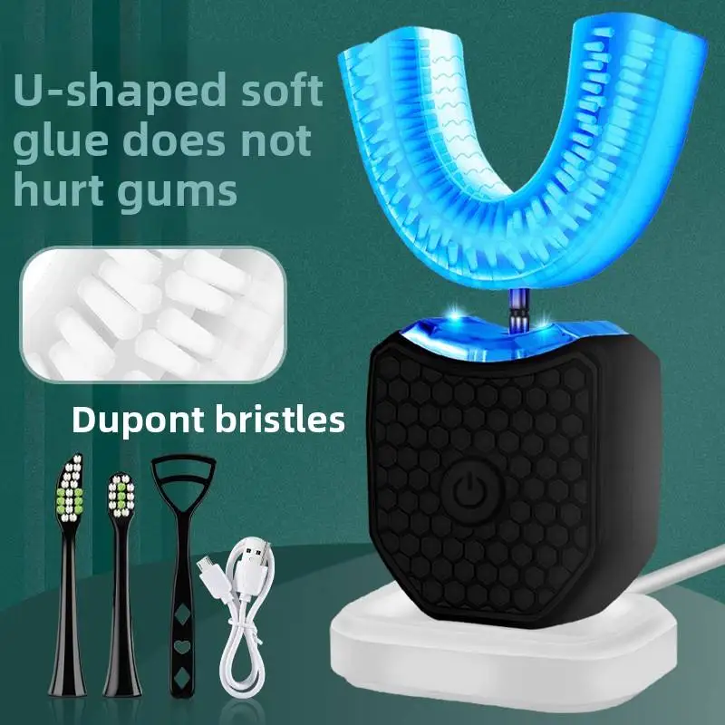 U-shaped 360-degree Ultrasonic Electric Toothbrush for Cleaning, with USB Charging and Nylon Bristles, Teeth Whitening Set
