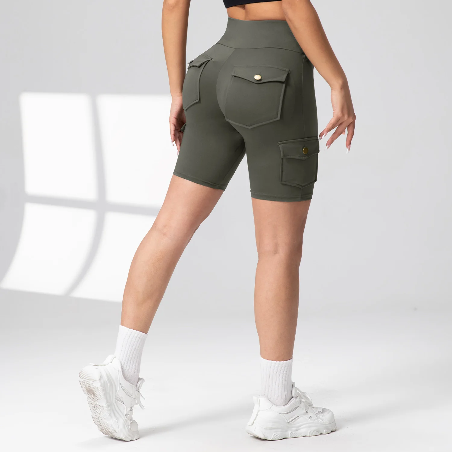 Camouflage Printed Women Butt Lifting Shorts With Pockets Tummy Tight Elastic Slim Outdoor Running Workout Shorts Streetwear