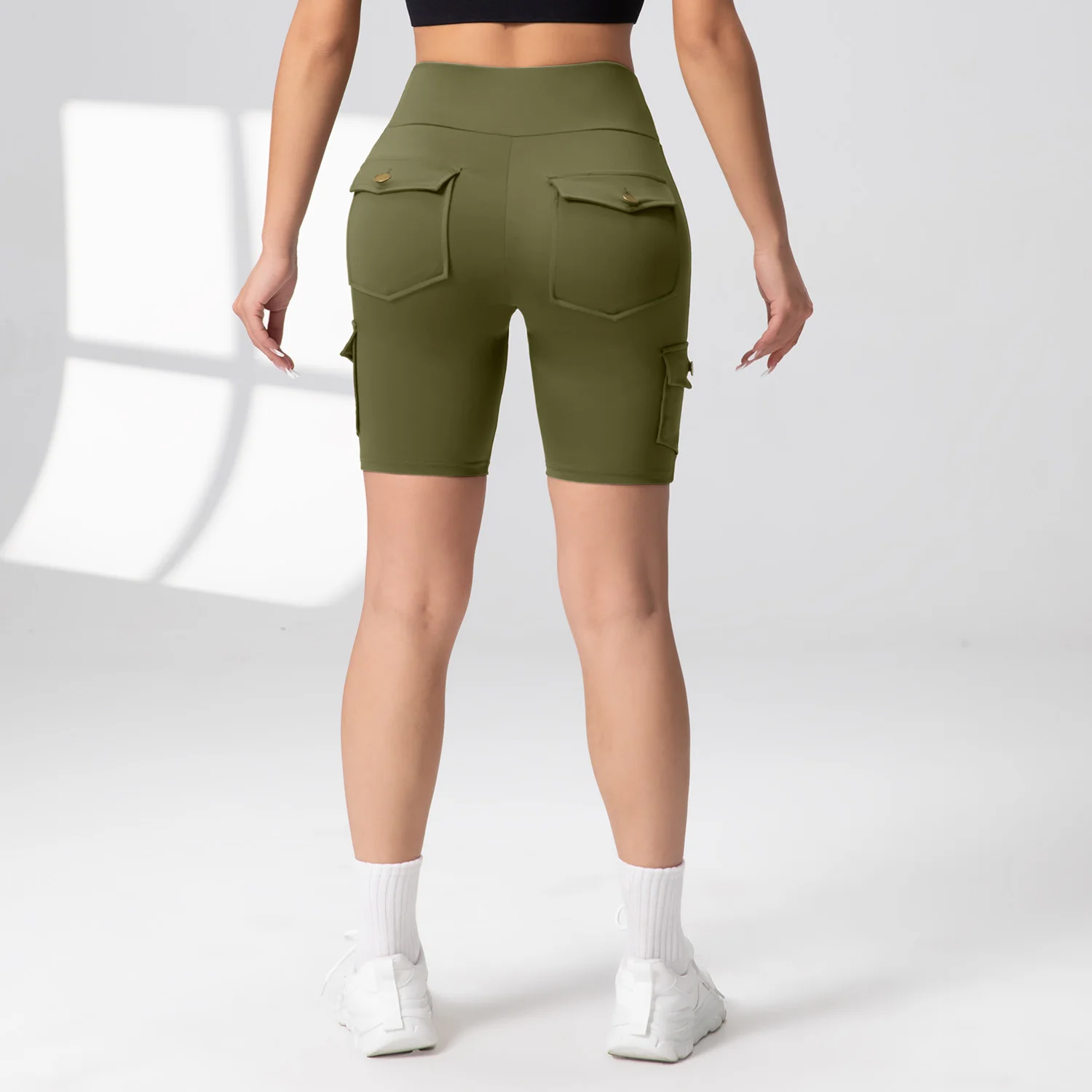 Camouflage Printed Women Butt Lifting Shorts With Pockets Tummy Tight Elastic Slim Outdoor Running Workout Shorts Streetwear