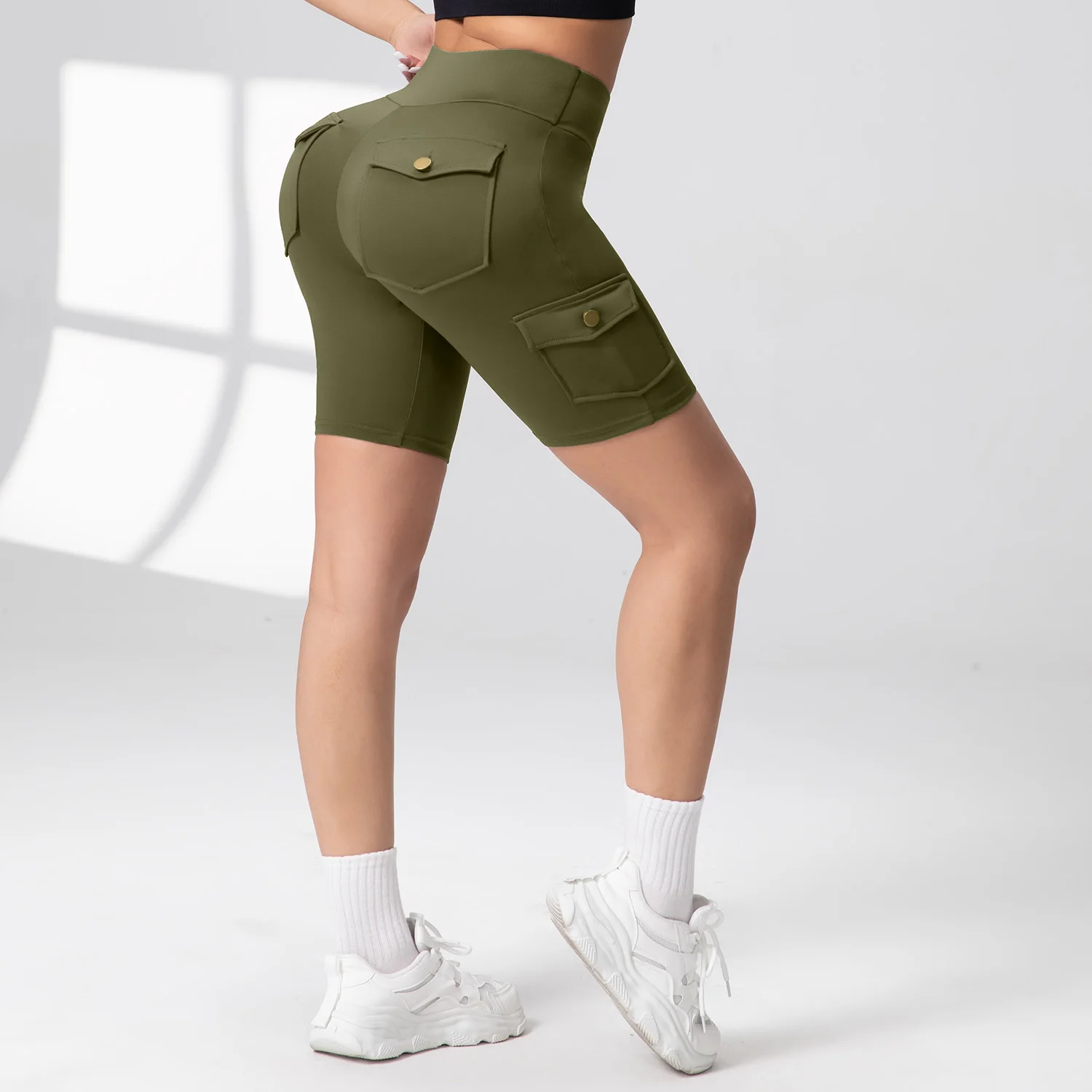 Camouflage Printed Women Butt Lifting Shorts With Pockets Tummy Tight Elastic Slim Outdoor Running Workout Shorts Streetwear