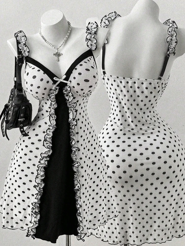 Plus Size Y2K Polka Dot Dress, Ruffle Trim Bow Front Cami Mini Dress, Sexy Sweet Coquette Style Party Dress for Women