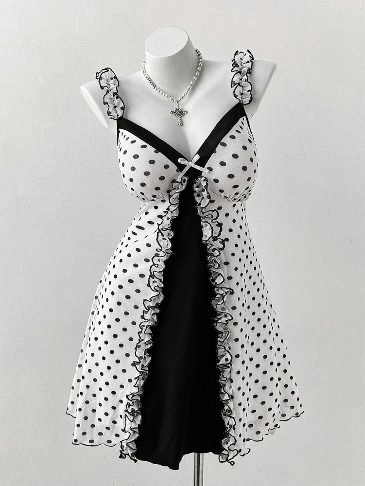 Plus Size Y2K Polka Dot Dress, Ruffle Trim Bow Front Cami Mini Dress, Sexy Sweet Coquette Style Party Dress for Women