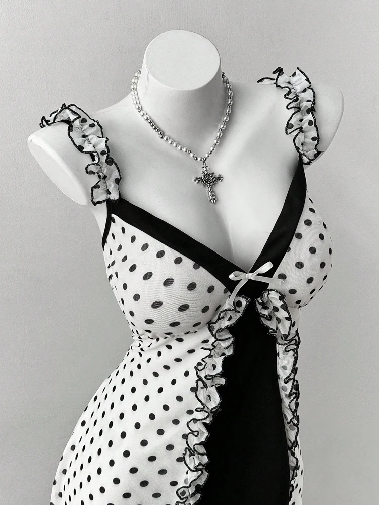 Plus Size Y2K Polka Dot Dress, Ruffle Trim Bow Front Cami Mini Dress, Sexy Sweet Coquette Style Party Dress for Women