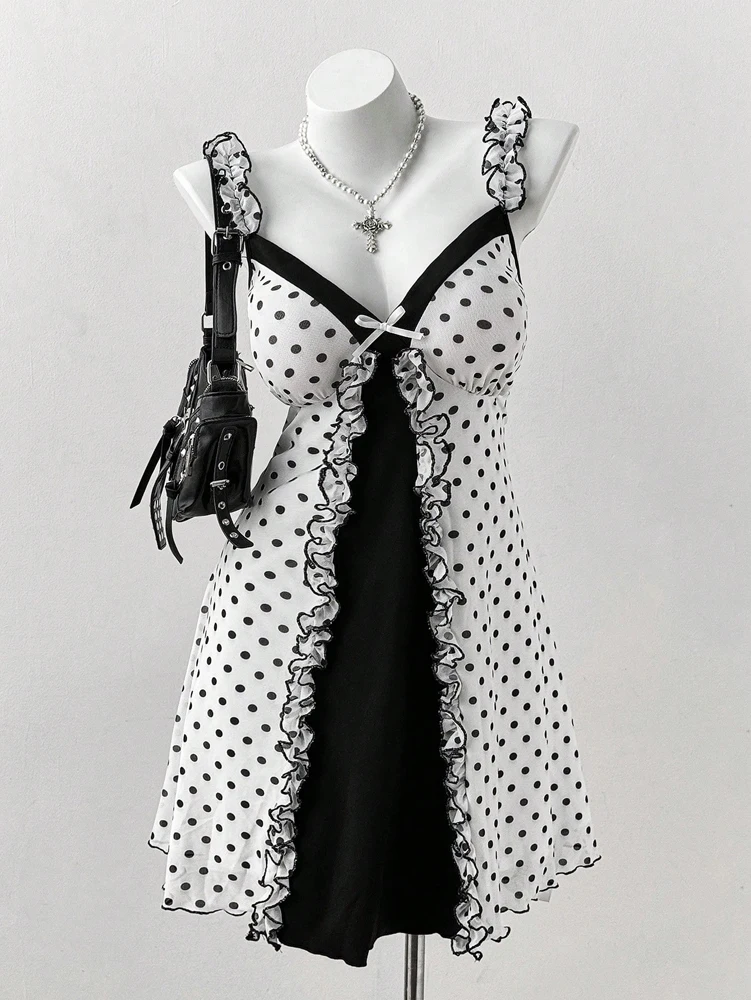 Plus Size Y2K Polka Dot Dress, Ruffle Trim Bow Front Cami Mini Dress, Sexy Sweet Coquette Style Party Dress for Women