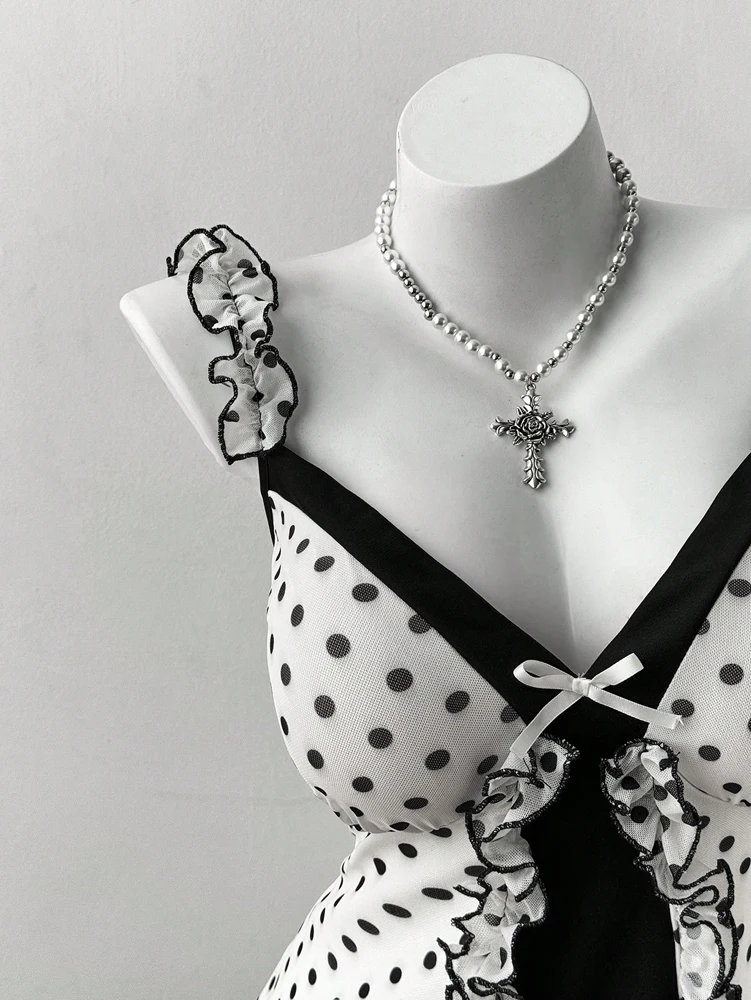 Plus Size Y2K Polka Dot Dress, Ruffle Trim Bow Front Cami Mini Dress, Sexy Sweet Coquette Style Party Dress for Women