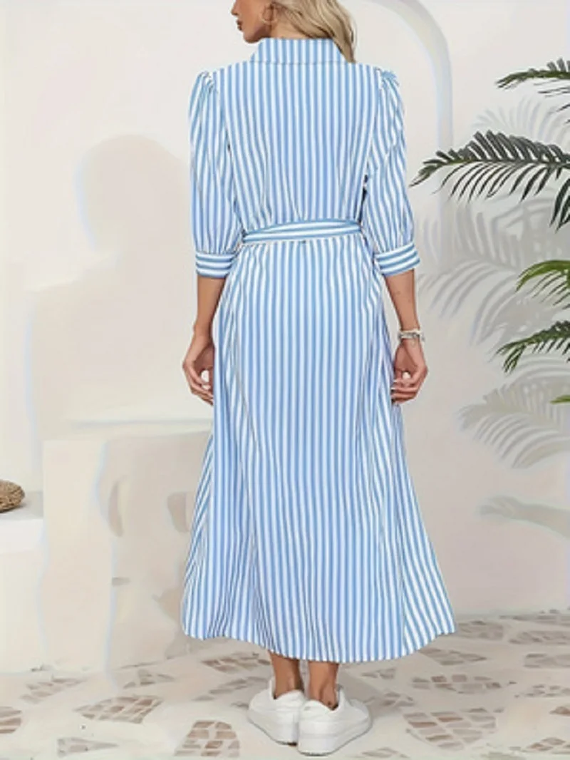 Women Blue White Vertical Striped Shirt Midi Dress 2026 New Turn Down Collar Button Front Belt Waist Tie Waist 3/4 Sleeve Split