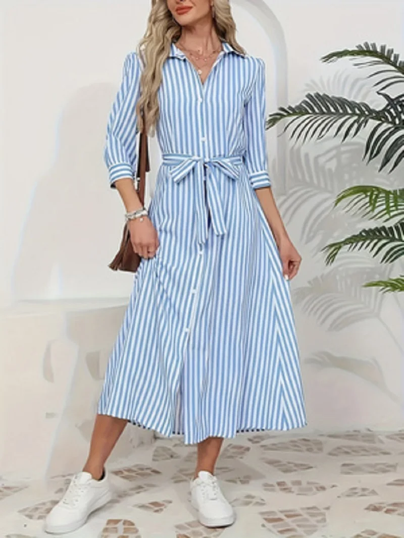 Women Blue White Vertical Striped Shirt Midi Dress 2026 New Turn Down Collar Button Front Belt Waist Tie Waist 3/4 Sleeve Split