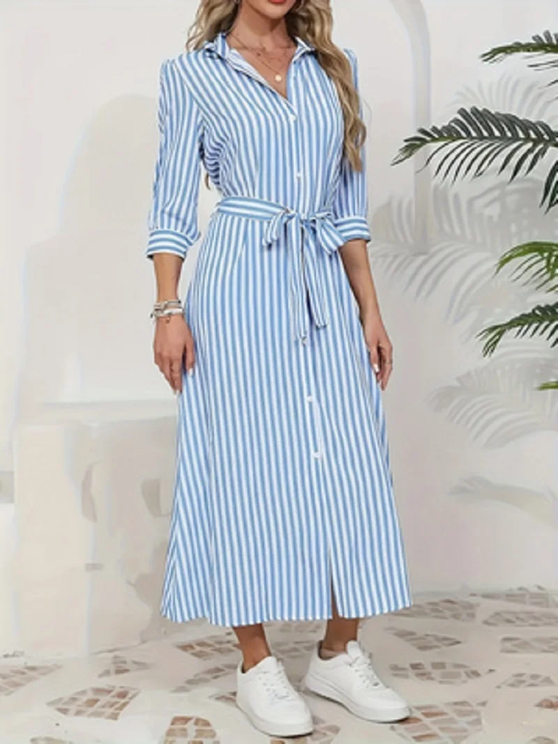 Women Blue White Vertical Striped Shirt Midi Dress 2026 New Turn Down Collar Button Front Belt Waist Tie Waist 3/4 Sleeve Split