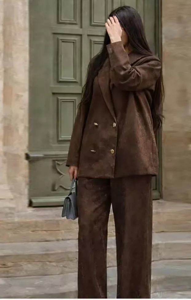2026 Summer New Women's Set Reddish-Brown Long-Draped Simple Loose Jacket and Pants Set Unique and Fashionable