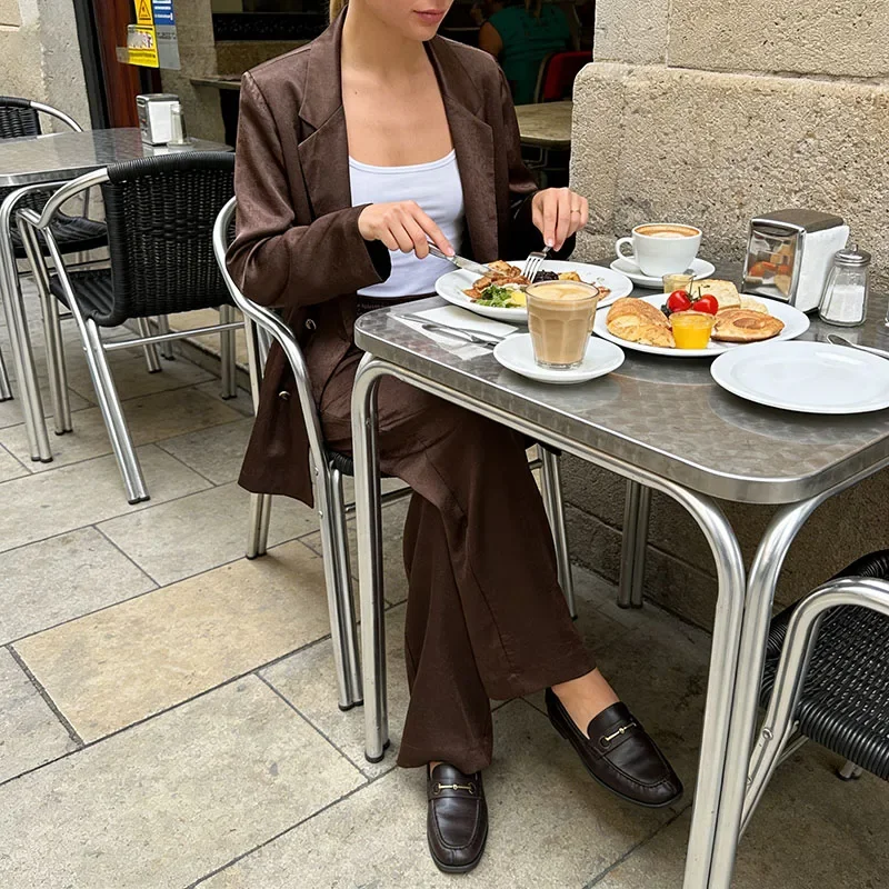 2026 Summer New Women's Set Reddish-Brown Long-Draped Simple Loose Jacket and Pants Set Unique and Fashionable