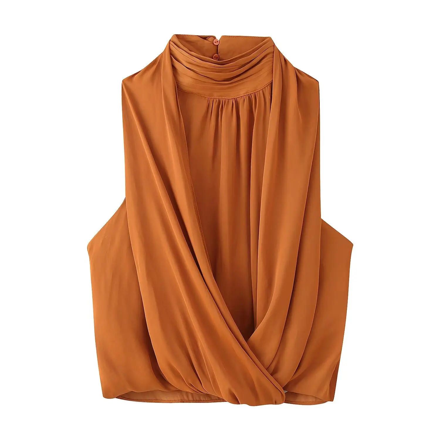 Nlzgmsj 2026 Summer Women Orange Halter Neck Sleeveless Blouse Cross Wrap Draped Top Backless Cropped Tank Top