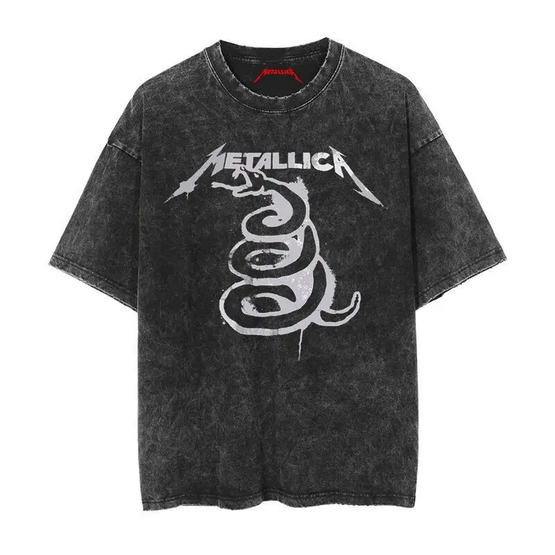 2026 Summer Rock Band Tee Casual Distressed Metallica The Metal Gods Black Album Vintage Washed Cotton T Shirt for Men