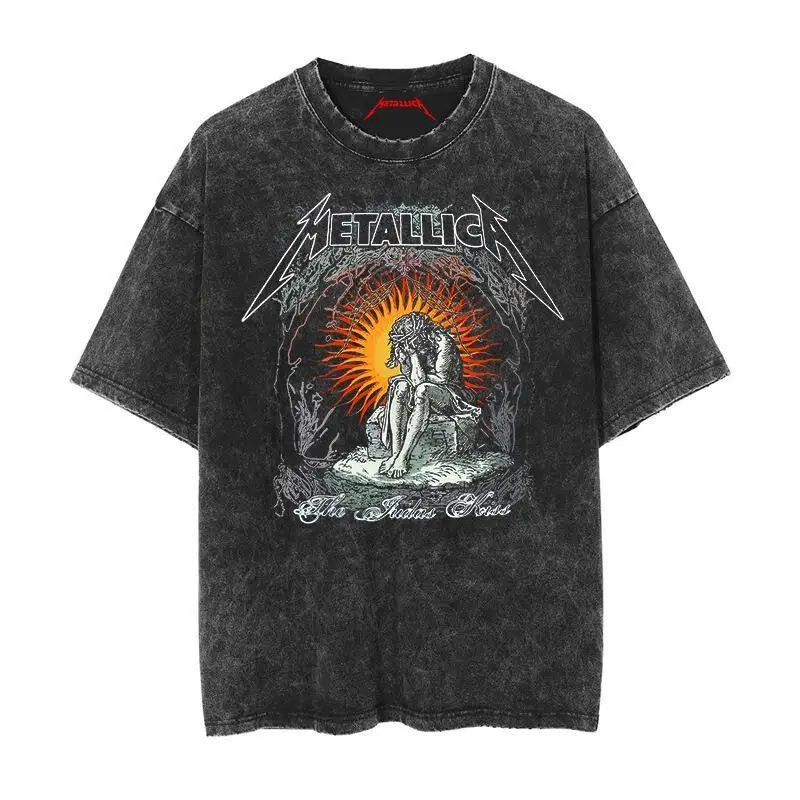 2026 Summer Rock Band Tee Casual Distressed Metallica The Metal Gods Black Album Vintage Washed Cotton T Shirt for Men
