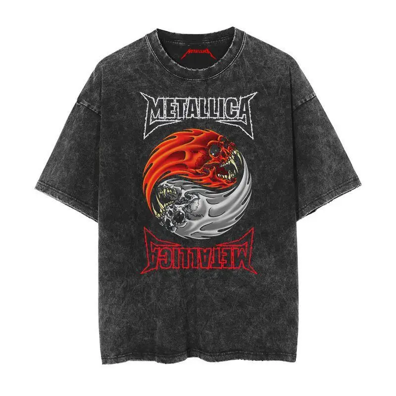 2026 Summer Rock Band Tee Casual Distressed Metallica The Metal Gods Black Album Vintage Washed Cotton T Shirt for Men