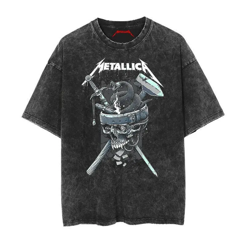 2026 Summer Rock Band Tee Casual Distressed Metallica The Metal Gods Black Album Vintage Washed Cotton T Shirt for Men
